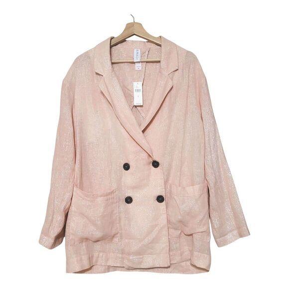 Amadi Anthropologie M Blazer Kaye Oversized Double Breast Pink Linen- Metallic - Picture 6 of 10